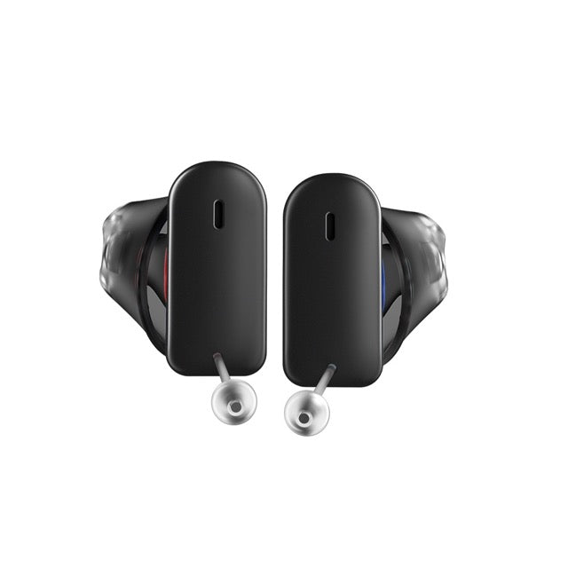 Zwei Signia Silk Charge&Go IX Im-Ohr-Hörgeräte in der Farbe Schwarz