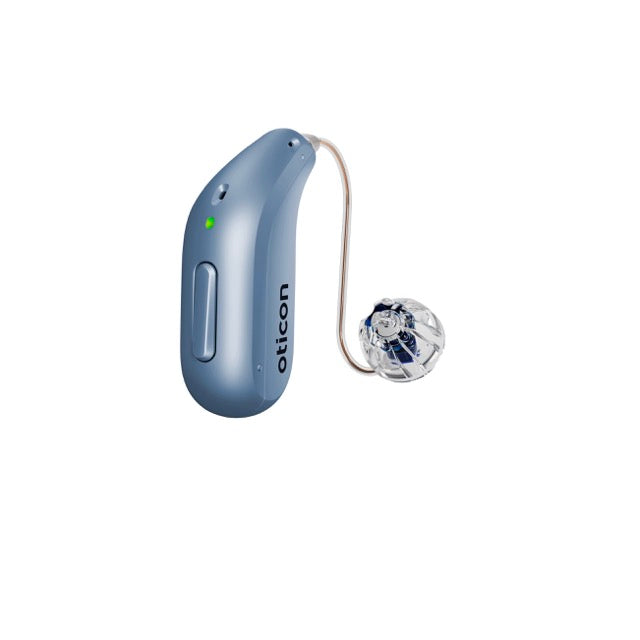 Oticon Intent Hinter-dem-Ohr-Hörgerät in der Farbe Himmelblau