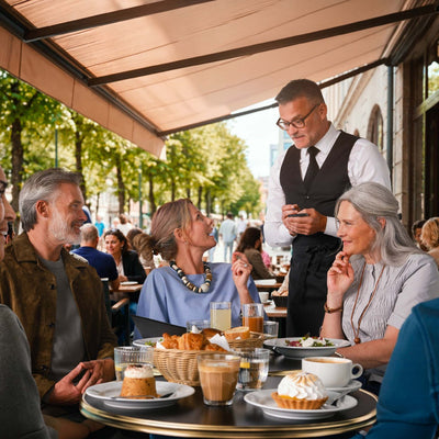 Oticon Reveal Hinter-dem-Ohr-Hörgeräteträger im Restaurant