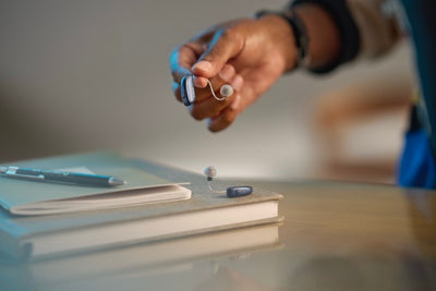 Eine Hand hält ein ReSound Vivia Hinter-dem-Ohr-Hörgerät 