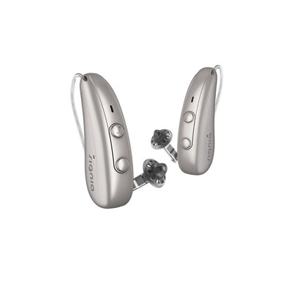 Zwei Signia Pure Charge&Go IX Hinter-dem-Ohr-Hörgeräte in der Farbe Champagner