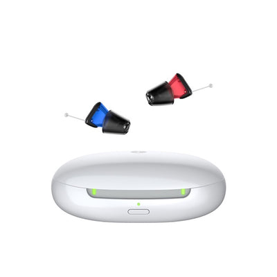 Zwei Signia Silk Charge&Go IX Im-Ohr-Hörgeräte mit einer Ladestation