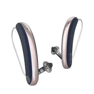 Signia Styletto IX Hinter-dem-Ohr-Hörgeräte in der Farbe Cosmic Blue/Rose Gold